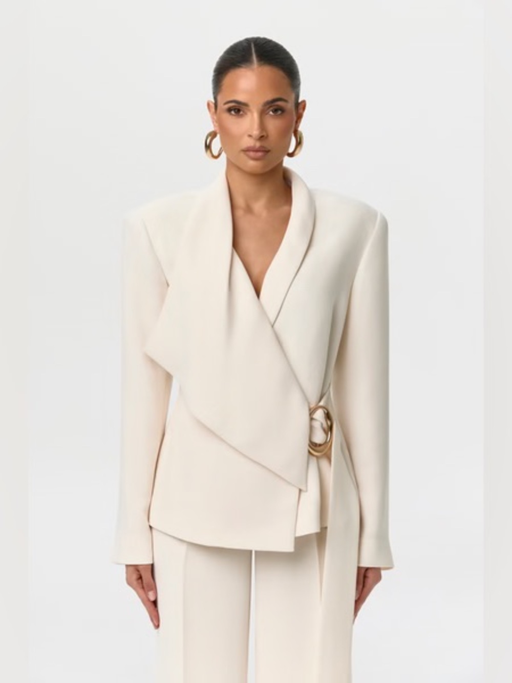 Naked Wardrobe Suiting Asymmetric Wrap Blazer Crema